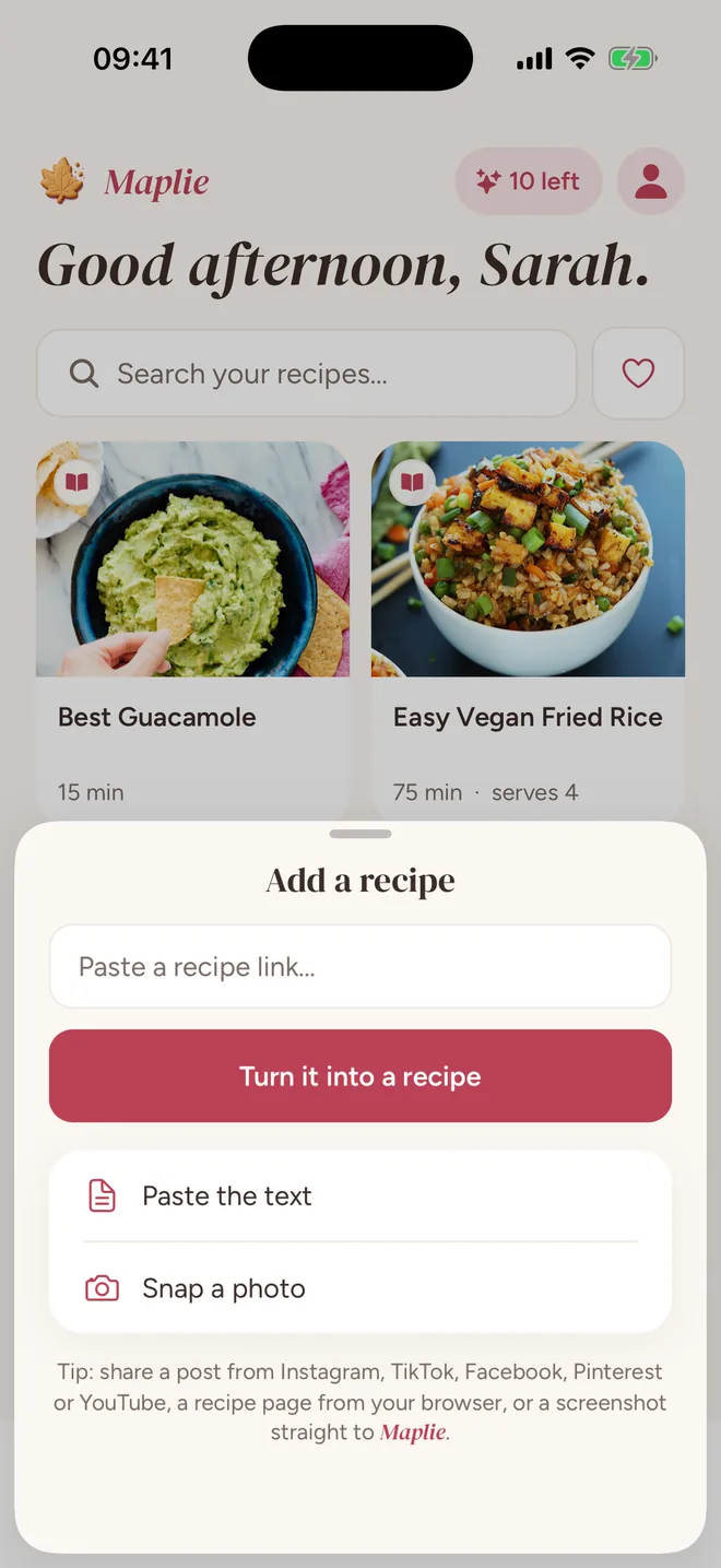 The add-a-recipe sheet: paste a link, paste the text, or snap a photo