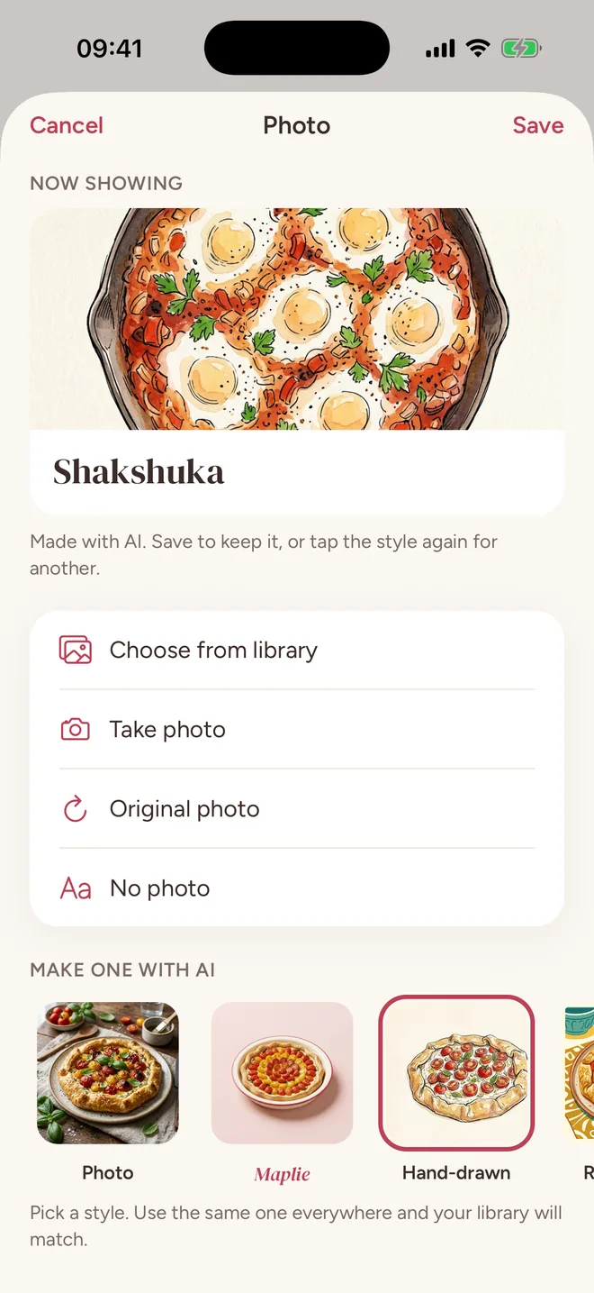 The photo screen for shakshuka with a hand-drawn AI cover, picked from five styles