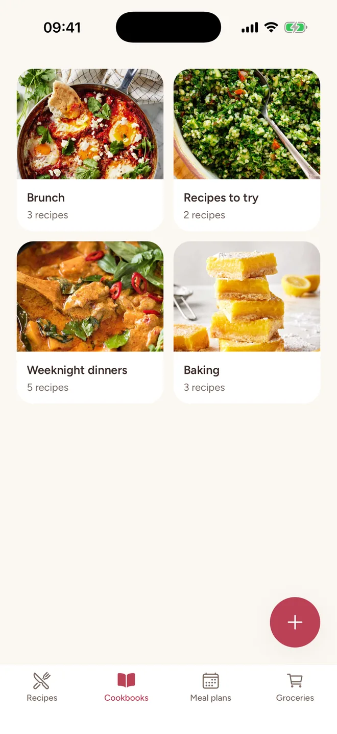 Four cookbooks with cover photos: Brunch, Recipes to try, Weeknight dinners and Baking