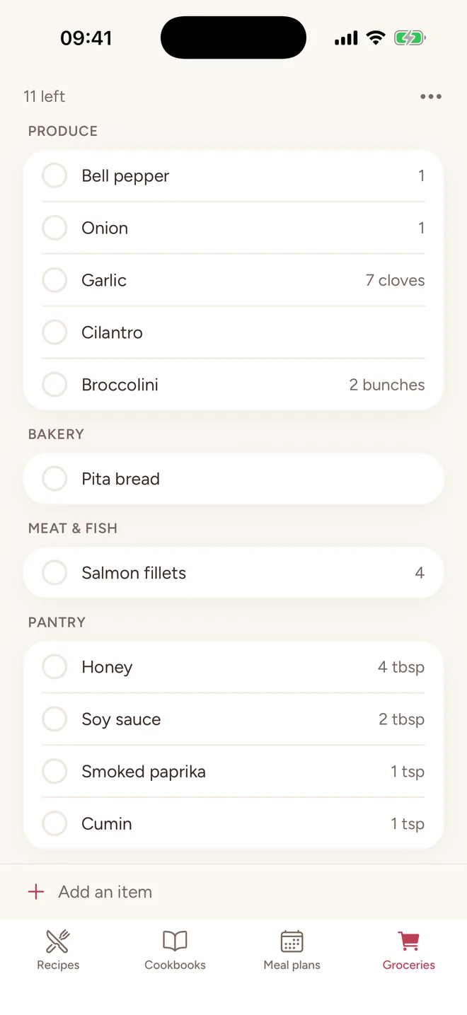 A grocery list sorted into produce, bakery, meat & fish and pantry, with amounts