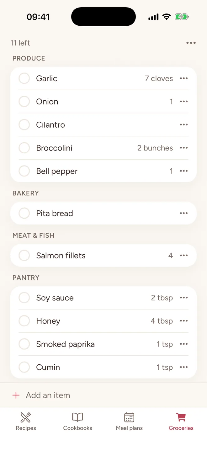 A grocery list sorted into produce, bakery, meat & fish and pantry, with amounts