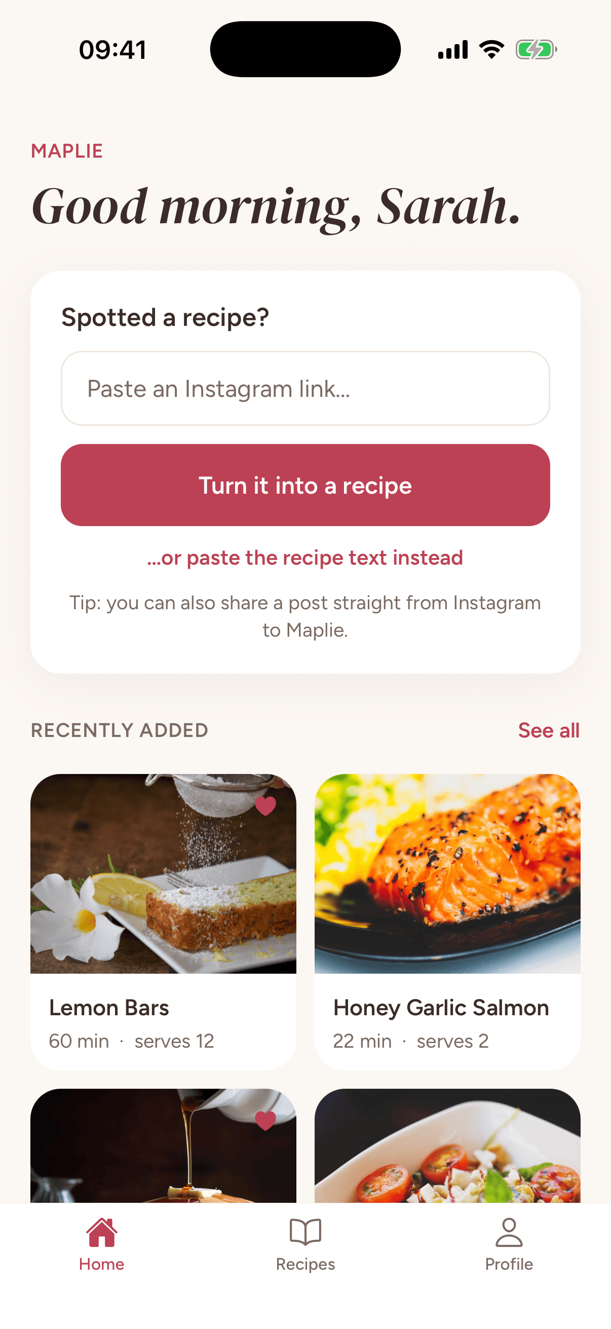 Maplie's home screen greeting Sarah, with a field to paste an Instagram link and her recently added recipes