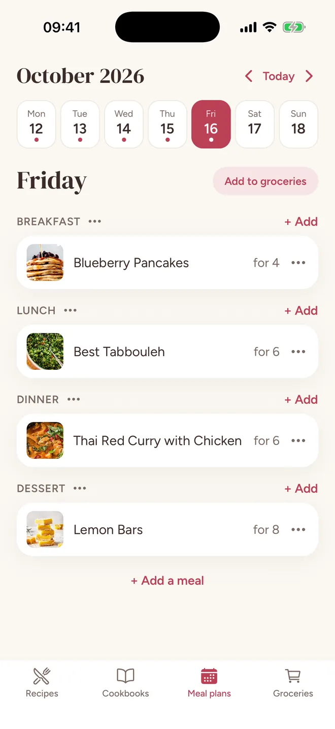 A week of meal plans with Friday's breakfast, lunch, dinner and an added Dessert meal filled in