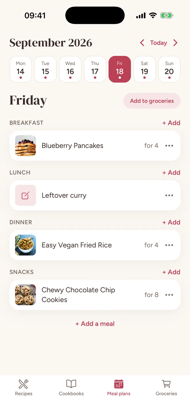 A week of meal plans with Friday's breakfast, lunch, dinner and snacks filled in