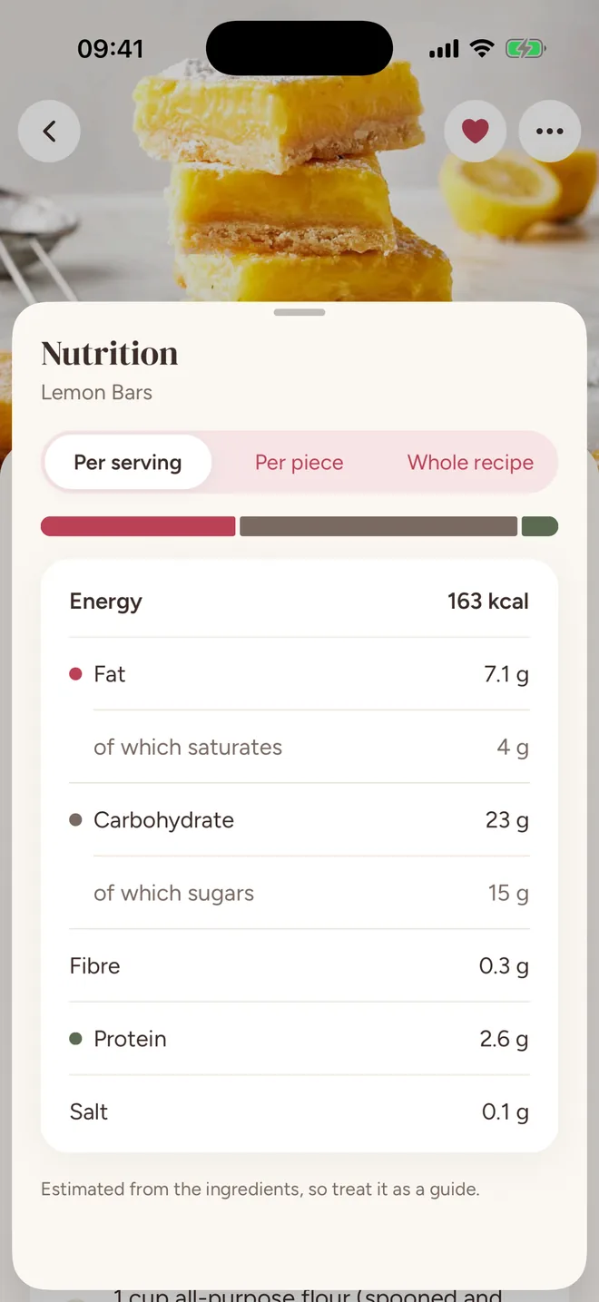 The nutrition sheet: energy, fat, carbohydrate, fibre, protein and salt per serving
