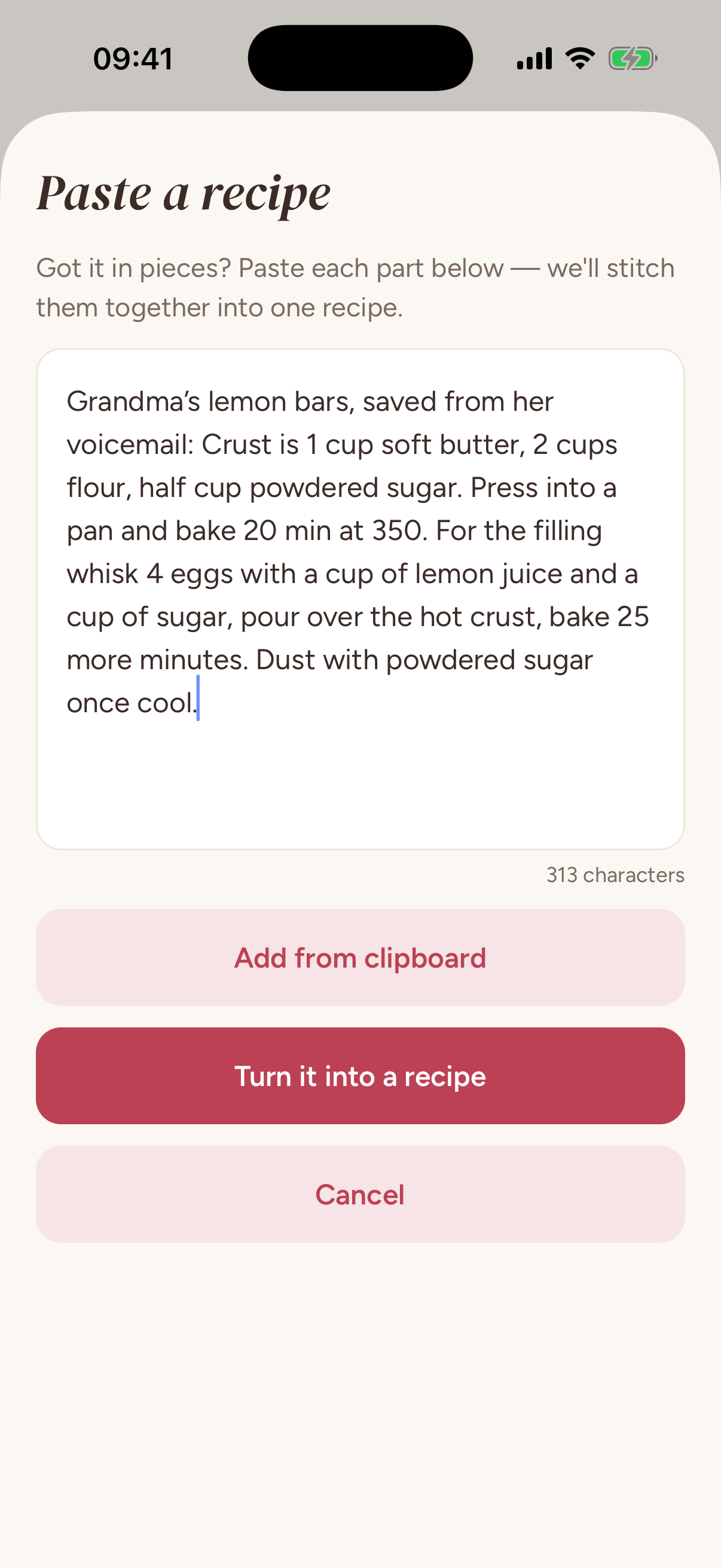 The paste-a-recipe screen with grandma's lemon bars recipe pasted in as text