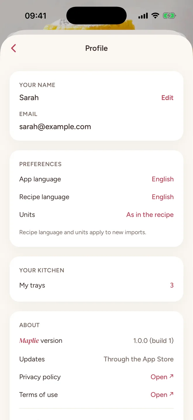 The profile screen with app language, recipe language and units settings