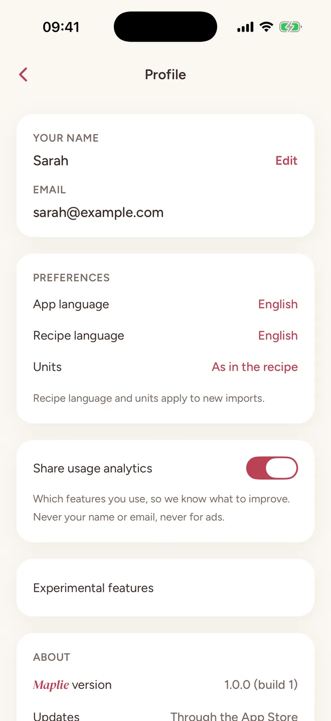 The profile screen with app language, recipe language and units settings