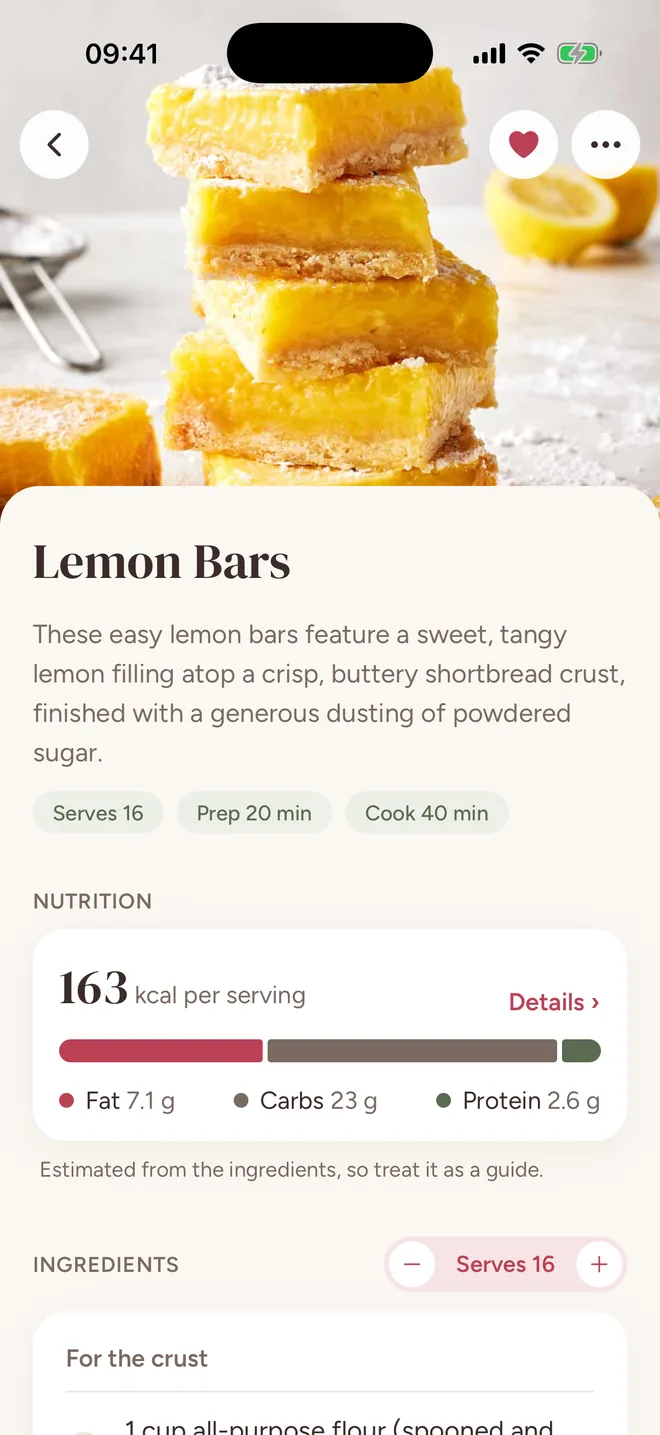 A recipe screen for lemon bars: photo, servings and times, nutrition, and a tappable ingredient list