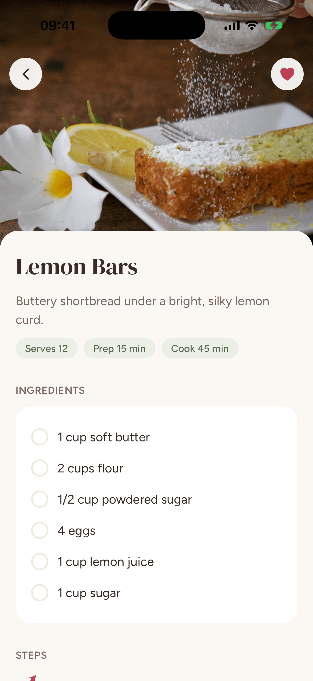 A recipe screen for Lemon Bars with a photo, servings, times, and a tappable ingredient checklist