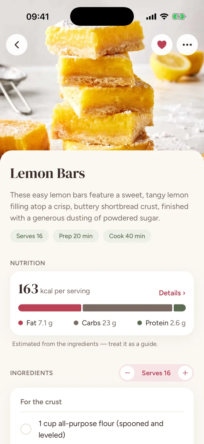 A recipe screen for lemon bars: photo, servings and times, nutrition, and a tappable ingredient list