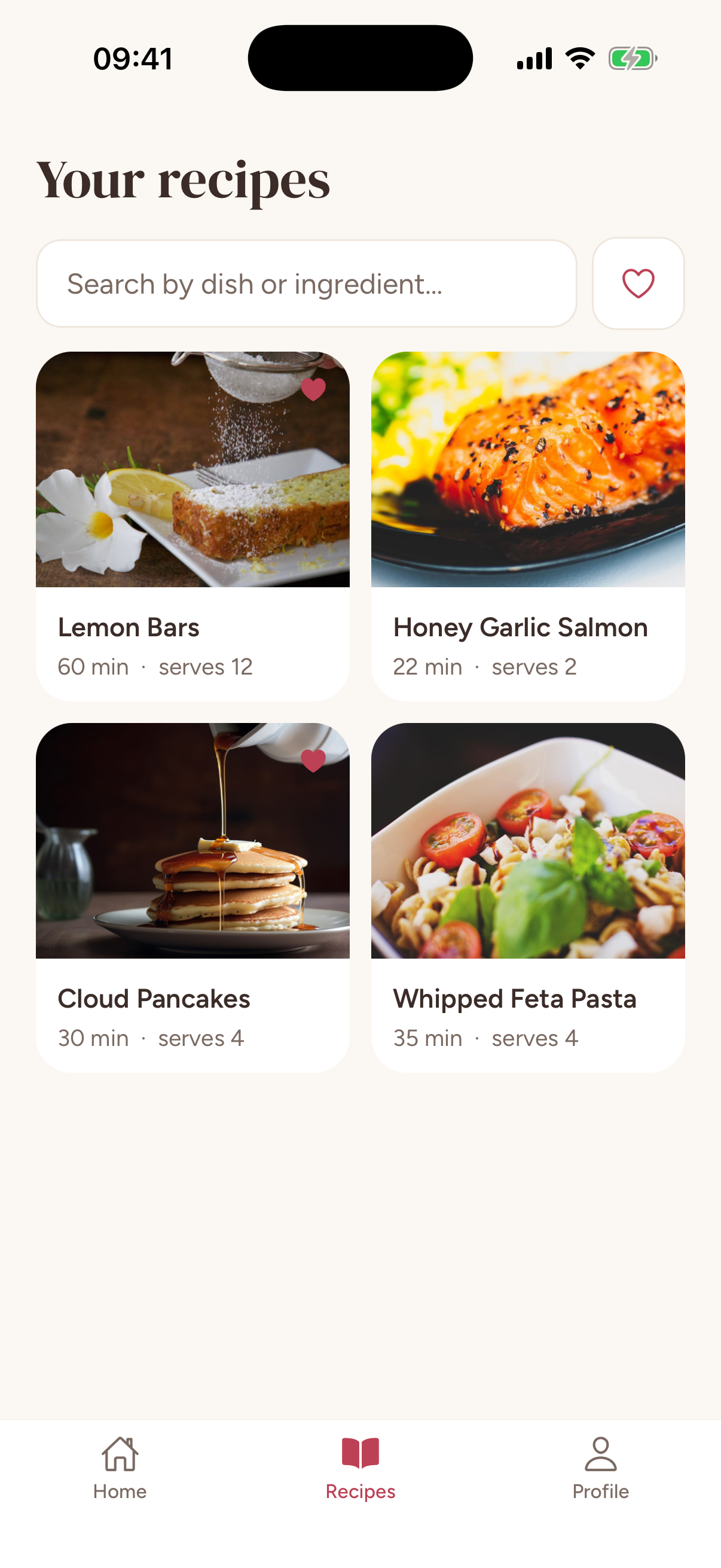 A photo grid of saved recipes with search and a favorites filter