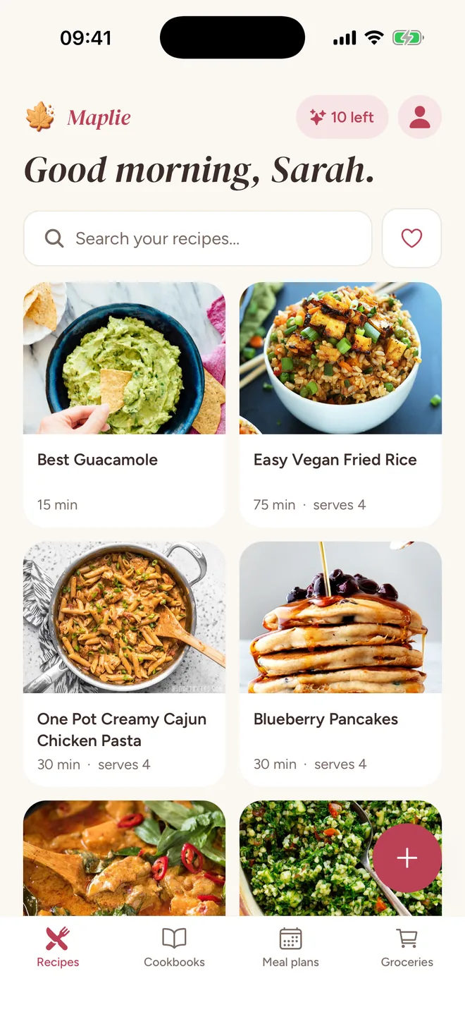 Your recipes: a grid of covers with search and a favourites filter