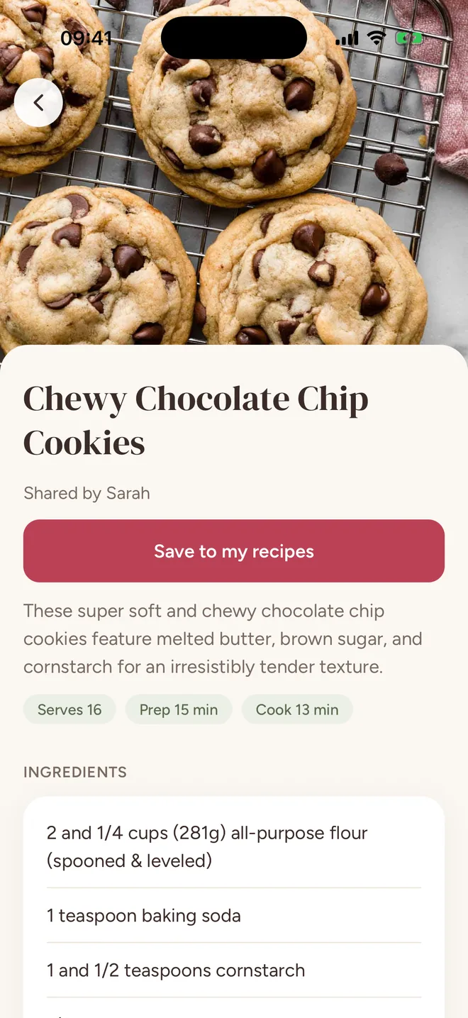 A shared chocolate chip cookie recipe from Sarah, with a button to save it