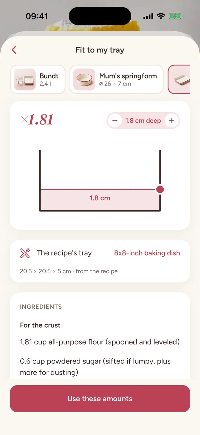 Fit to my tray: the recipe's 8x8-inch dish rescaled to a 23 by 33 cm brownie tin, times 1.81