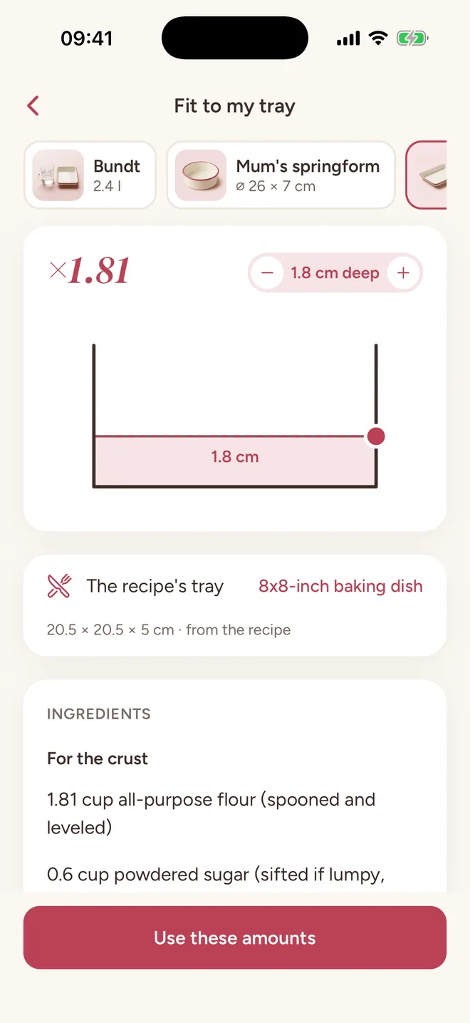 Fit to my tray: the recipe's 8x8-inch dish rescaled to a 23 by 33 cm brownie tin, times 1.81
